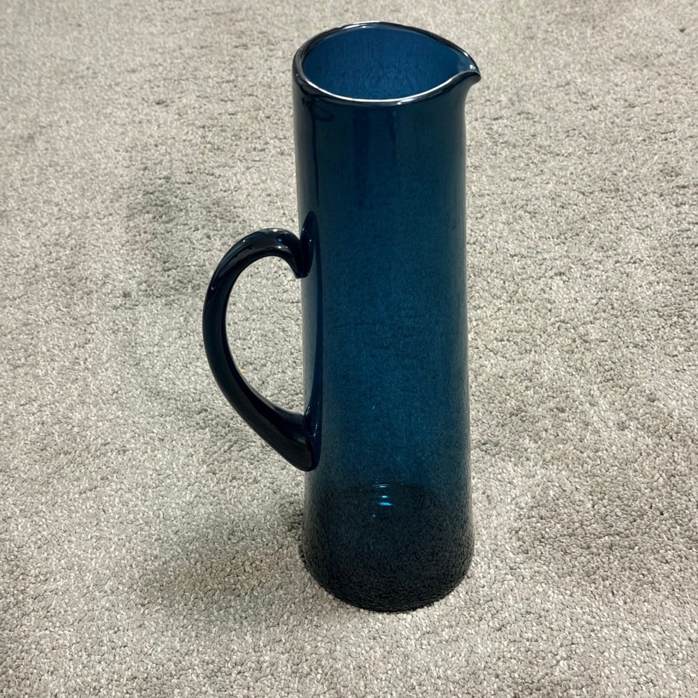 Vintage Hand Blown Teal Blue Glass Pitcher Cylindrical‎ Vase 12.5in Gunnar Amber